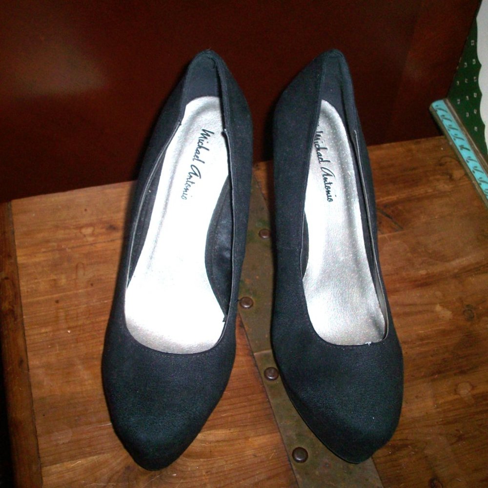 Michael Antonio Black Platform Heel Wedge Nubuck High Heel Shoes Sandal Size 8.5